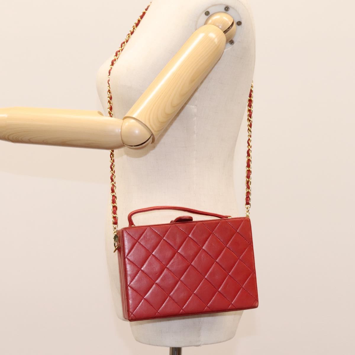 CHANEL Matelasse Hand Bag Lamb Skin 2way Red CC Auth 115600A