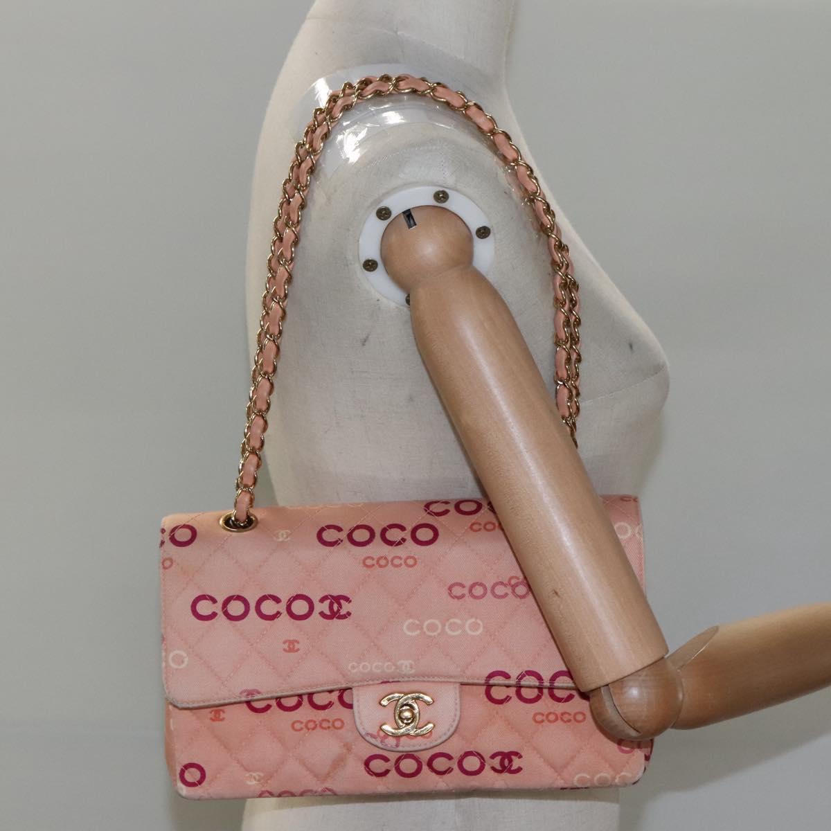 CHANEL Matelasse 25 COCO Icon Chain Shoulder Bag Canvas Pink CC Auth 115714