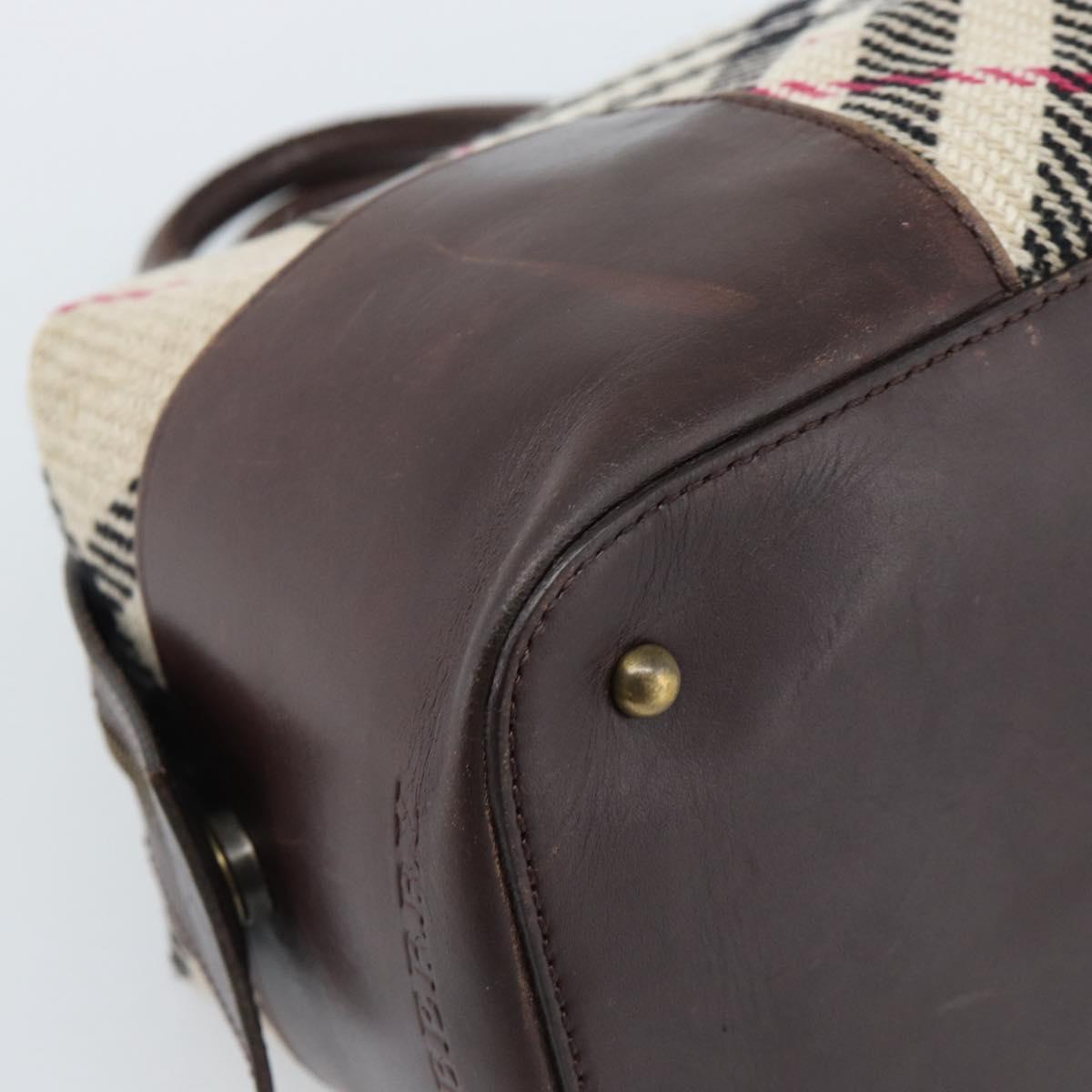 BURBERRY Nova Check Hand Bag Wool Leather Beige Brown gold Auth 115724