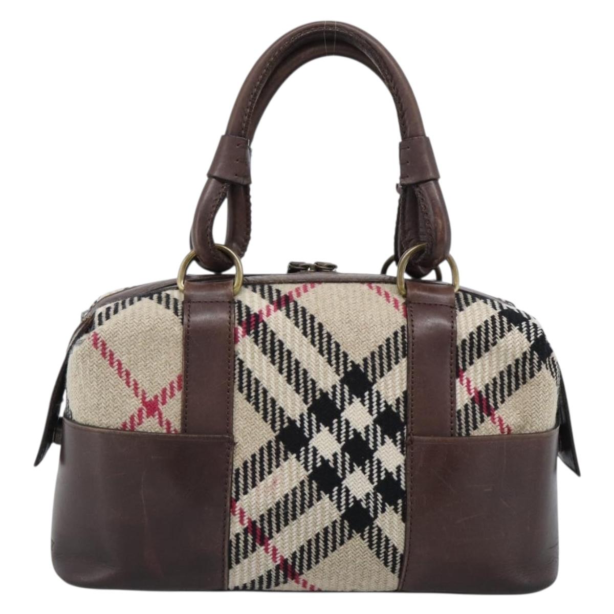BURBERRY Nova Check Hand Bag Wool Leather Beige Brown gold Auth 115724