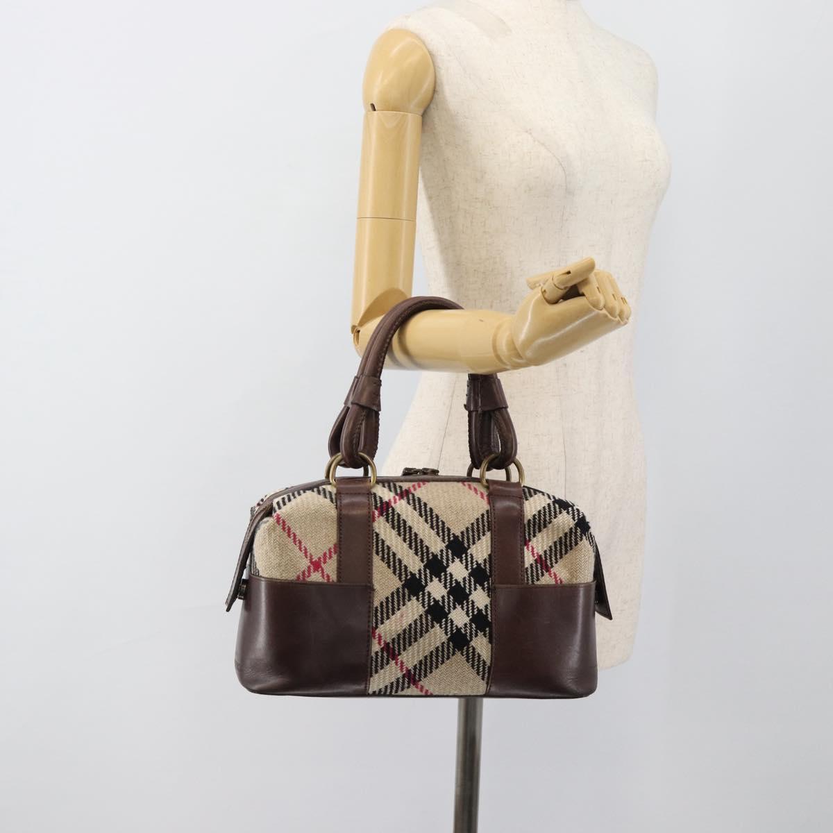 BURBERRY Nova Check Hand Bag Wool Leather Beige Brown gold Auth 115724
