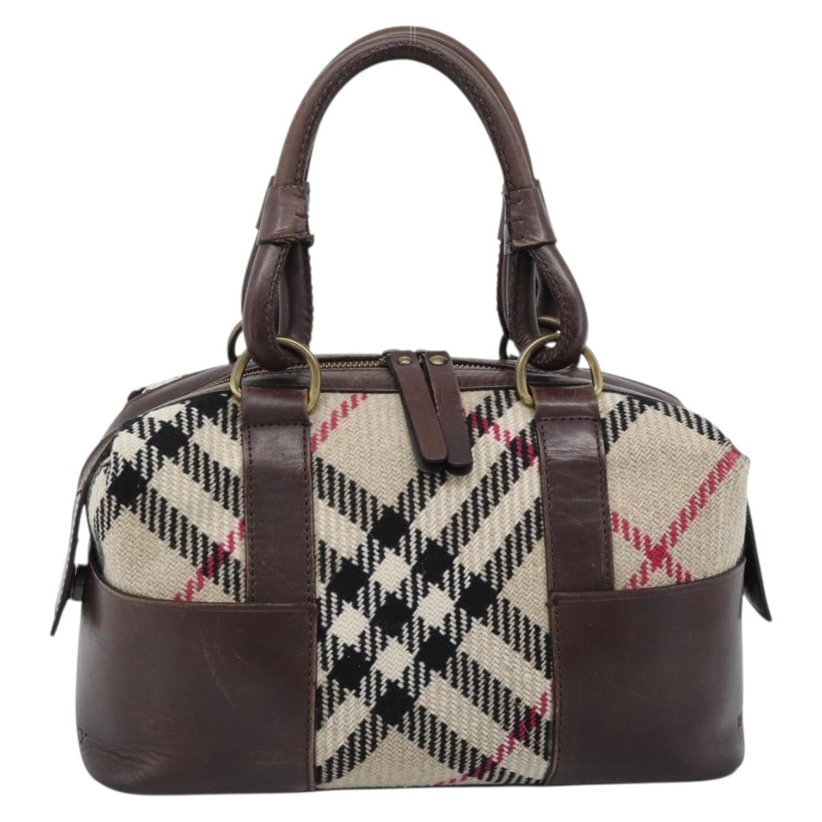 BURBERRY Nova Check Hand Bag Wool Leather Beige Brown gold Auth 115724