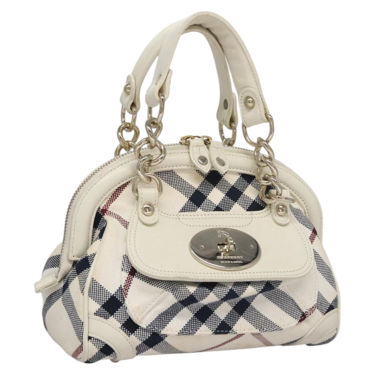 BURBERRY Nova Check Blue Label Hand Bag Canvas Leather Gold White Auth 115844