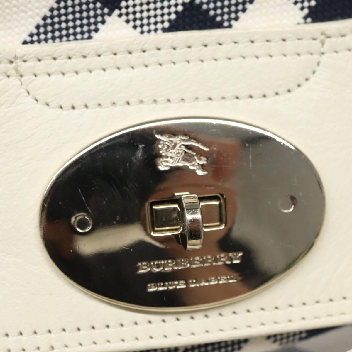 BURBERRY Nova Check Blue Label Hand Bag Canvas Leather Gold White Auth 115844