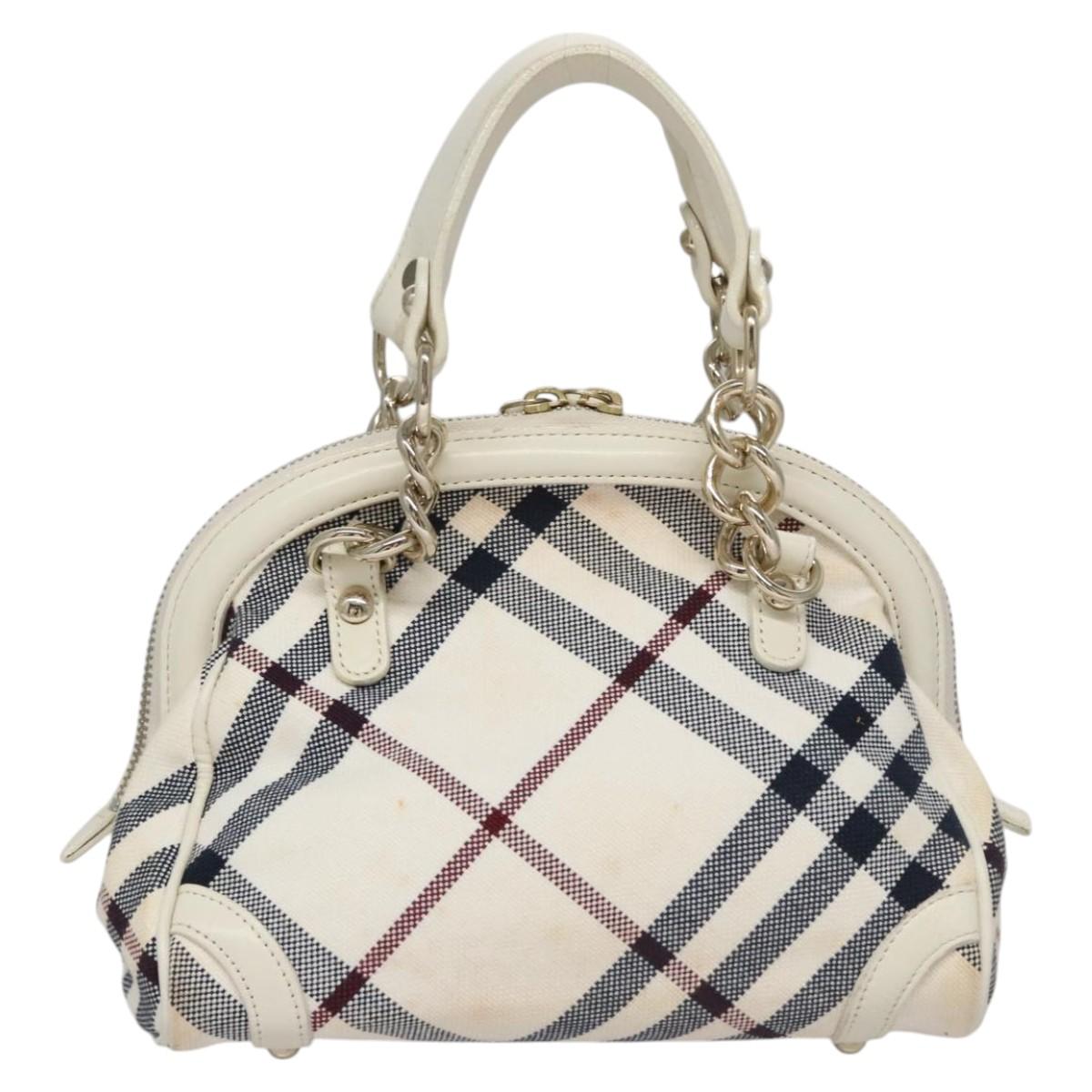 BURBERRY Nova Check Blue Label Hand Bag Canvas Leather Gold White Auth 115844