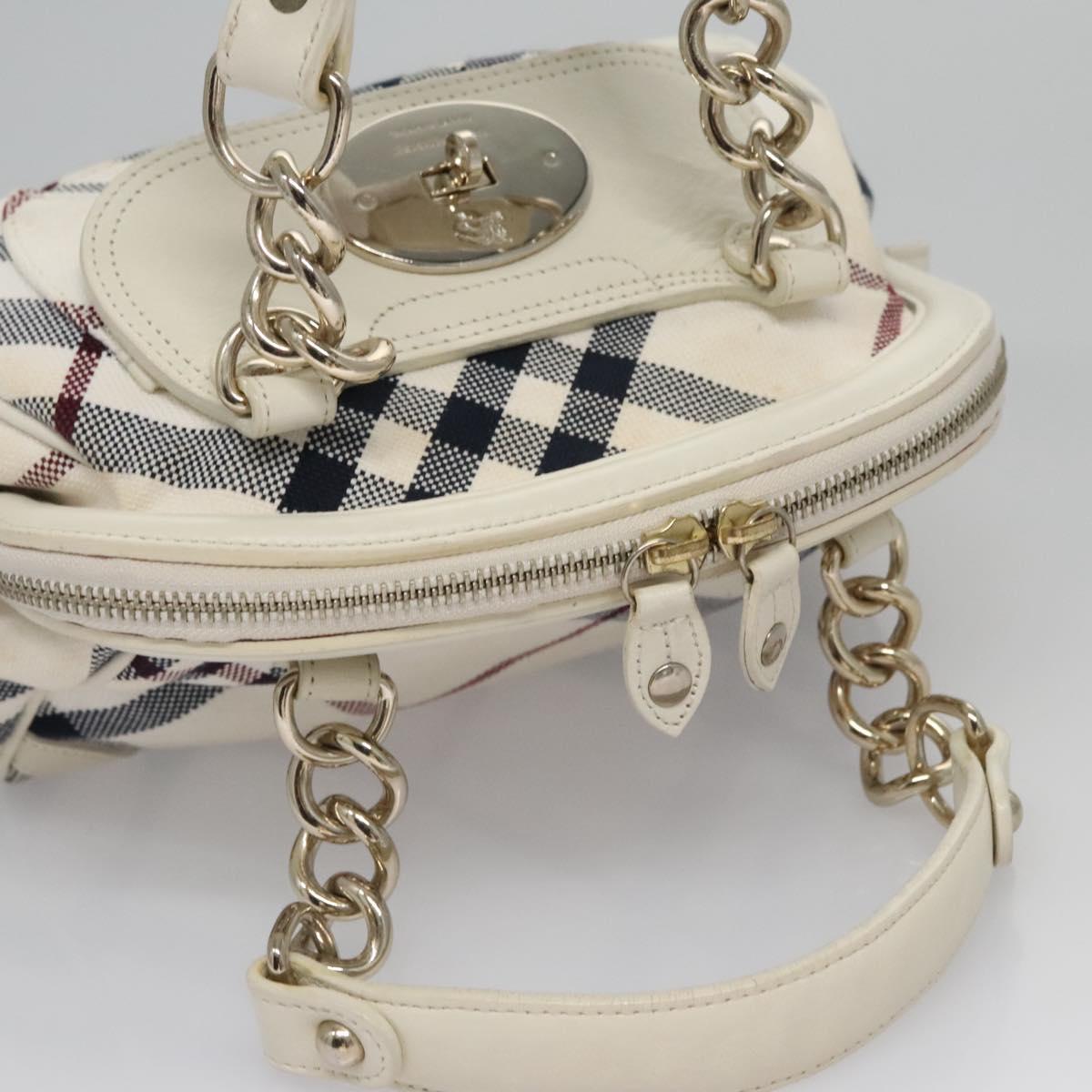 BURBERRY Nova Check Blue Label Hand Bag Canvas Leather Gold White Auth 115844