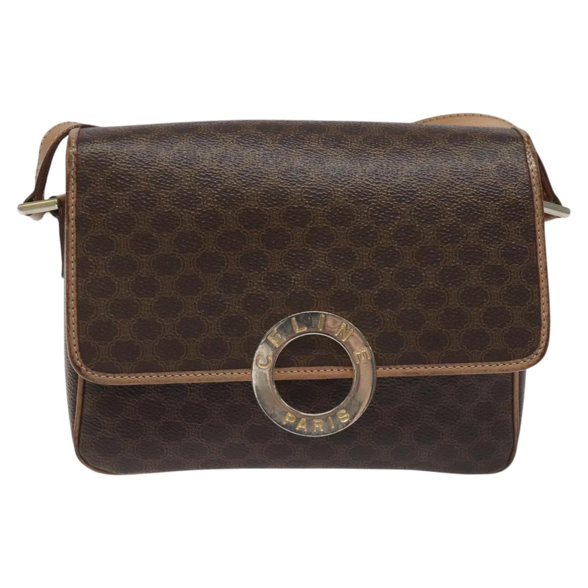 CELINE Macadam Canvas Circle Shoulder Bag PVC Leather Brown Gold Auth 115903
