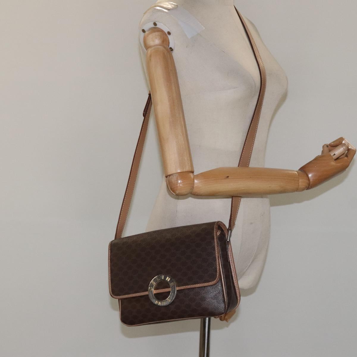 CELINE Macadam Canvas Circle Shoulder Bag PVC Leather Brown Gold Auth 115903