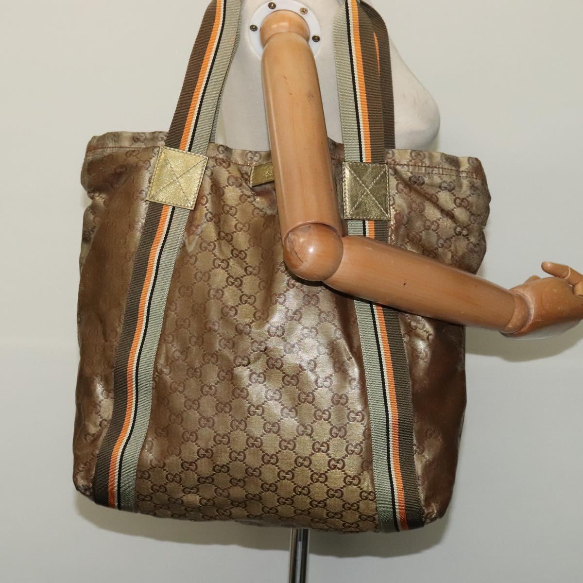 GUCCI GG Crystal Sherry Line Tote Bag Gold Gray Brown 189669 Auth 115950