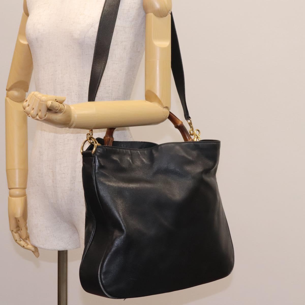 GUCCI Bamboo Shoulder Bag Leather 2way Black Gold 001 3754 1577 Auth 116022