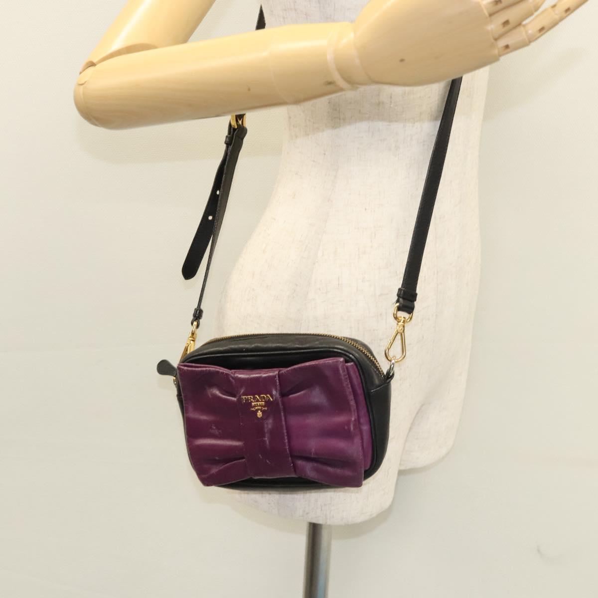 PRADA ribbon Shoulder Bag Leather Purple Gold Auth 116078