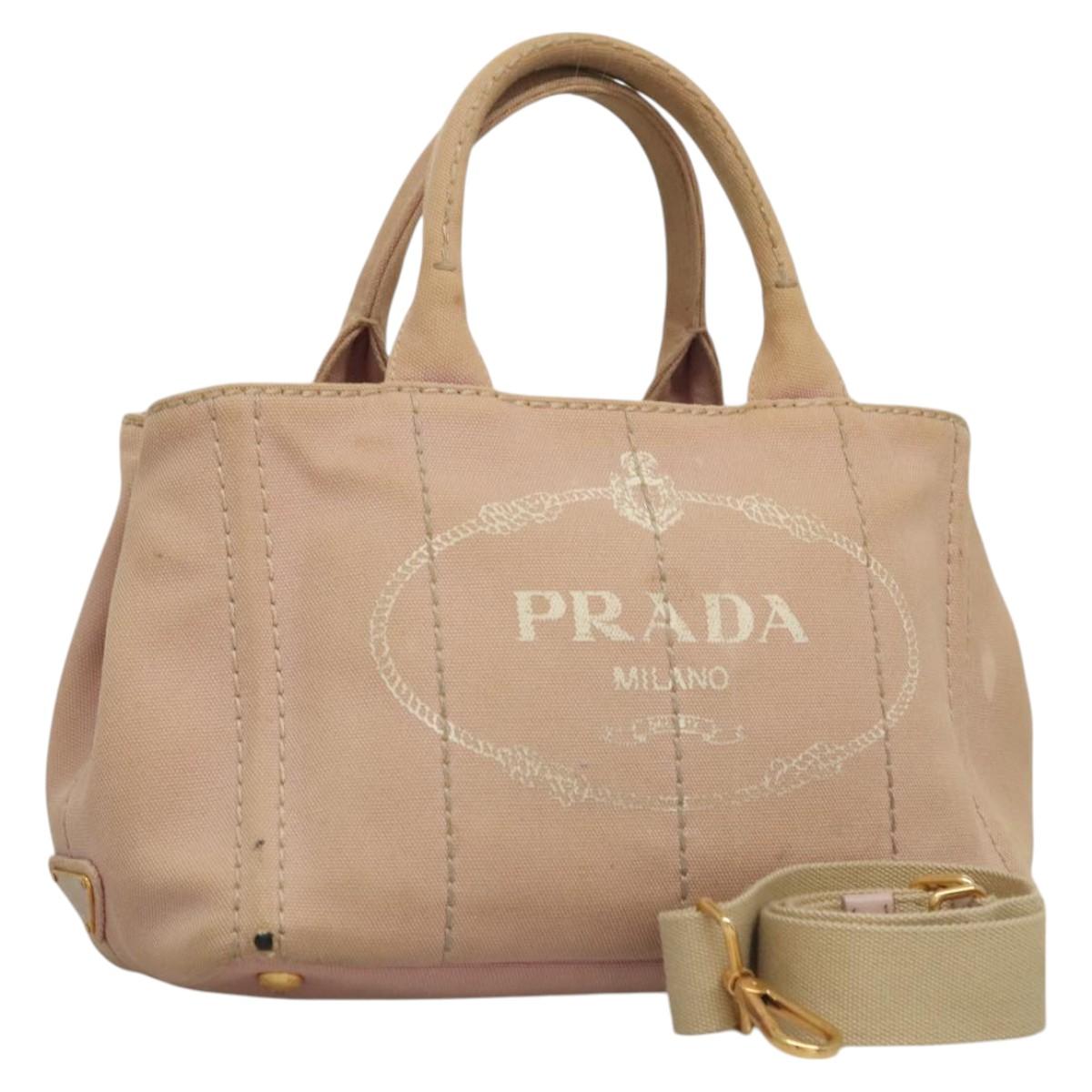 PRADA Canapa PM Hand Bag Canvas 2way Pink Gold Auth 116103
