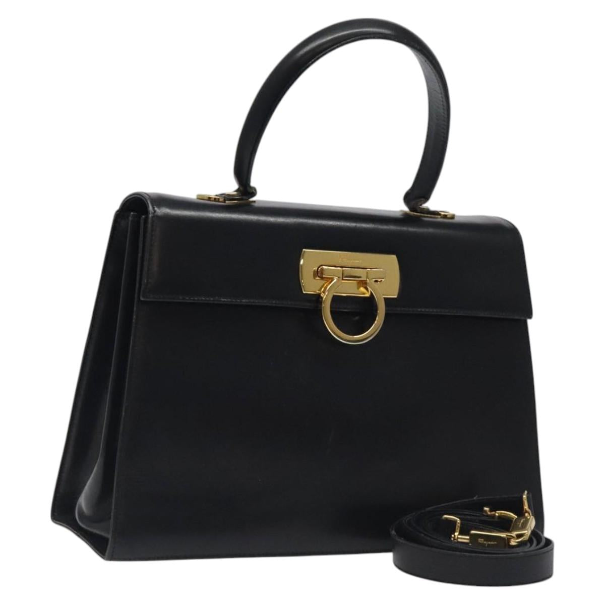 Salvatore Ferragamo Gancini Hand Bag Leather 2way Black Gold Auth 116105