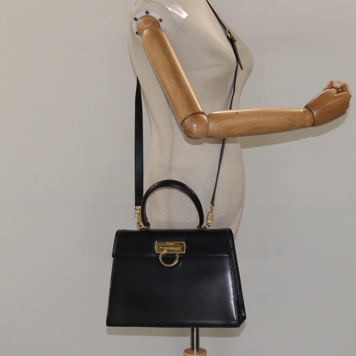 Salvatore Ferragamo Gancini Hand Bag Leather 2way Black Gold Auth 116105