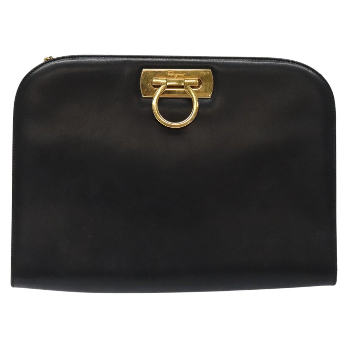 Salvatore Ferragamo Gancini Chain Shoulder Bag Leather Black Gold Auth 116128