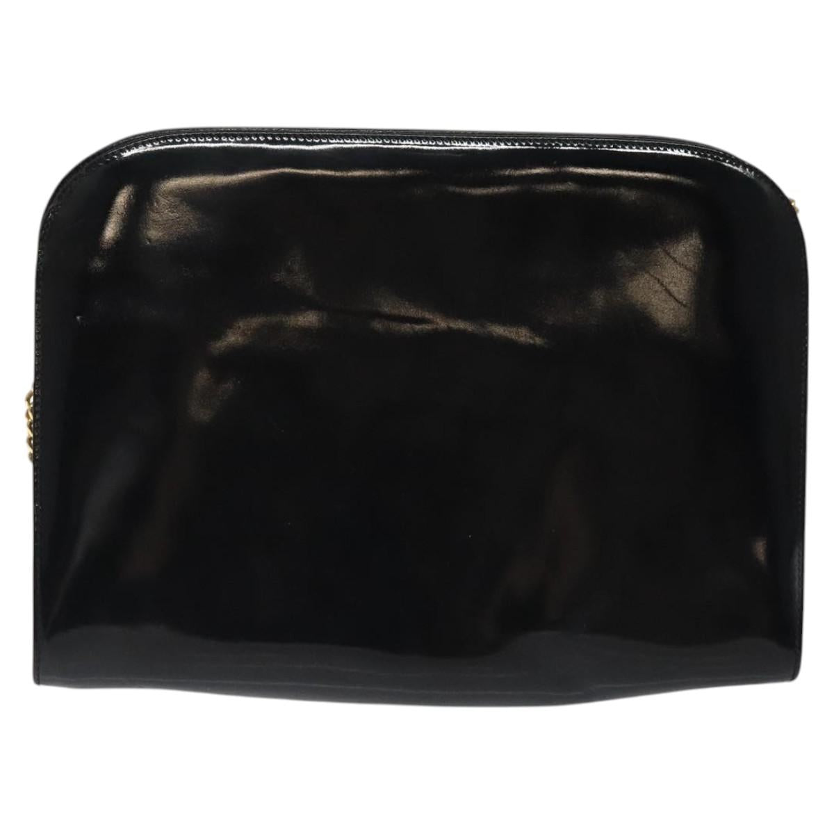 Salvatore Ferragamo Gancini Chain Shoulder Bag Patent Black Gold Auth 116139