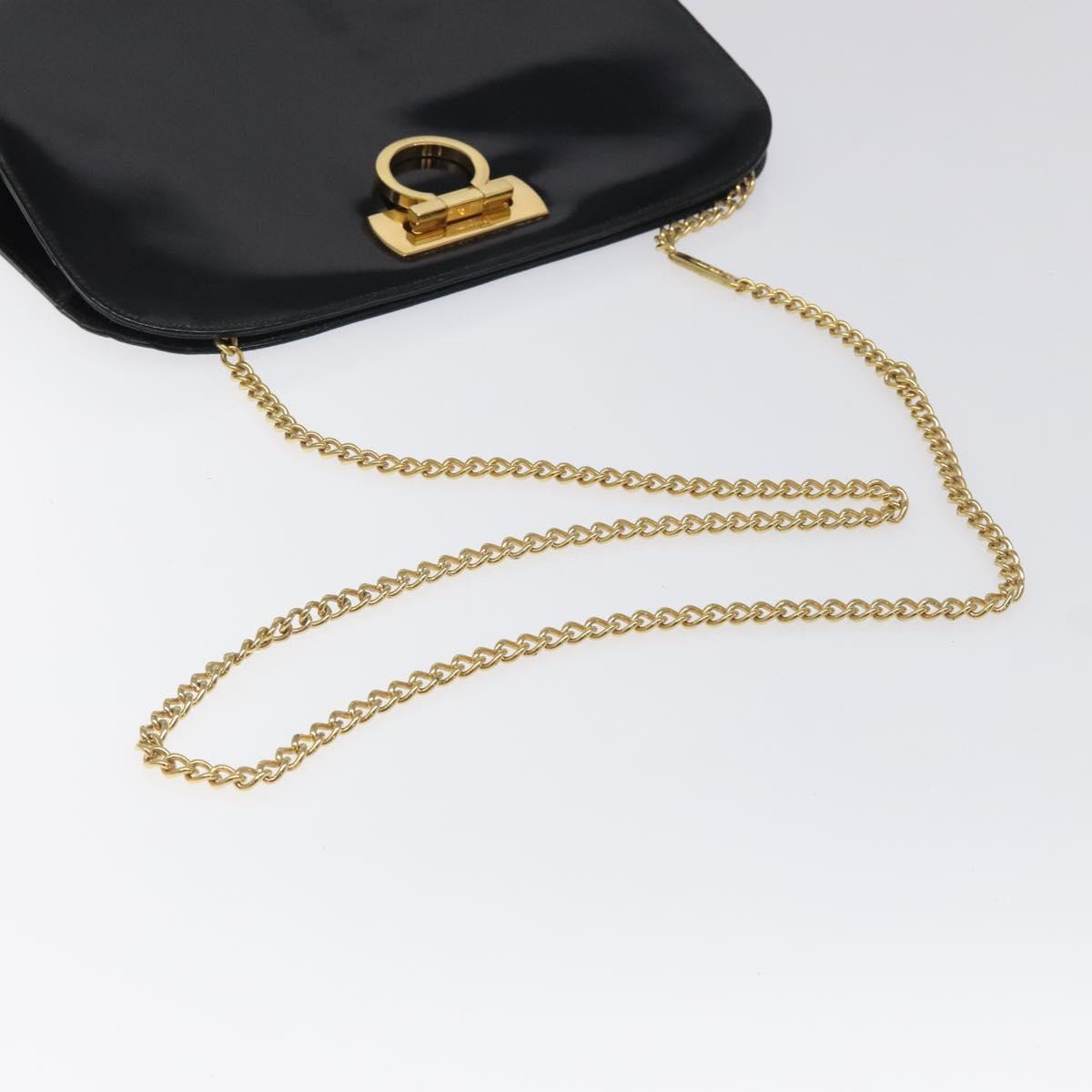 Salvatore Ferragamo Gancini Chain Shoulder Bag Patent Black Gold Auth 116139