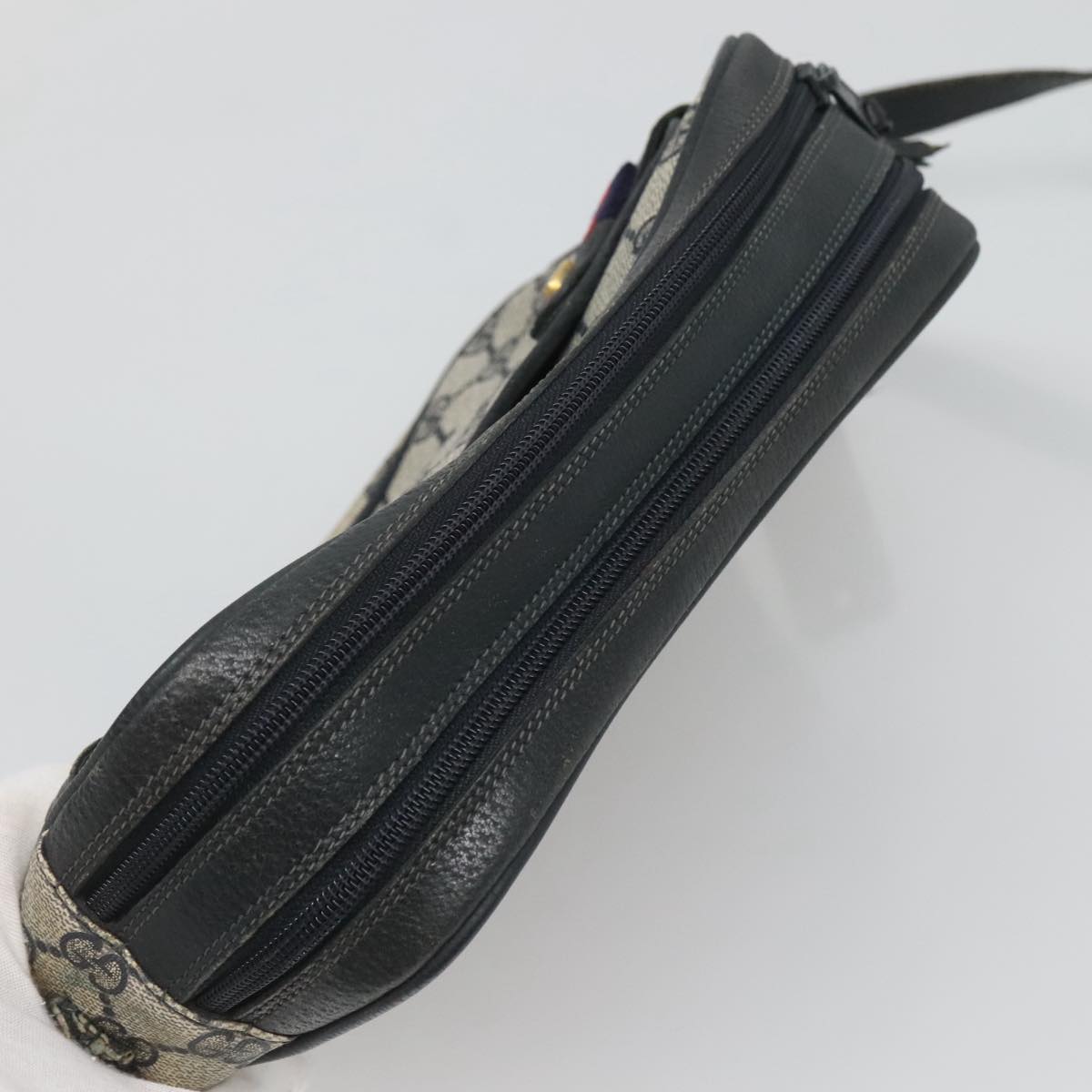 GUCCI GG Supreme Sherry Line Bag PVC Navy Gold Red 904 02 049 Auth 116288