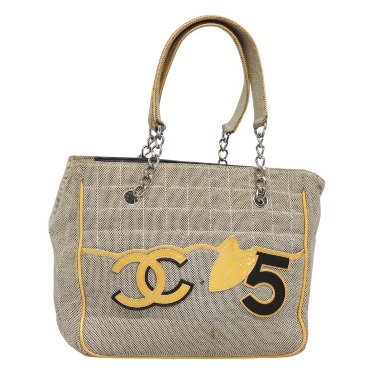 CHANEL Choco Bar Tote Bag Canvas Beige Yellow CC Auth 116301