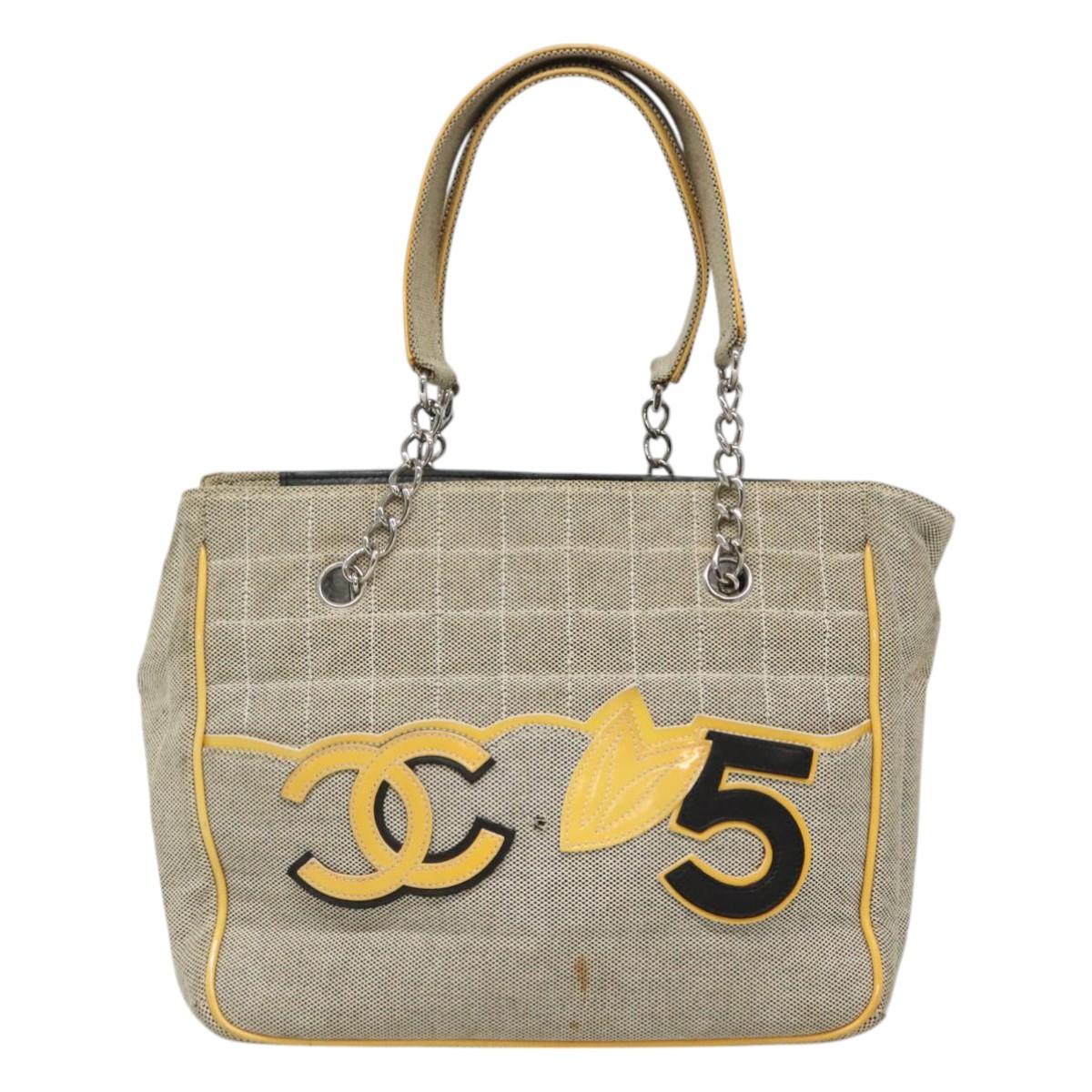 CHANEL Choco Bar Tote Bag Canvas Beige Yellow CC Auth 116301