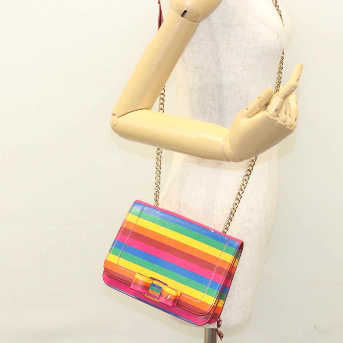 Salvatore Ferragamo Vala Chain Shoulder Bag Leather Gold Rainbow Auth 116333
