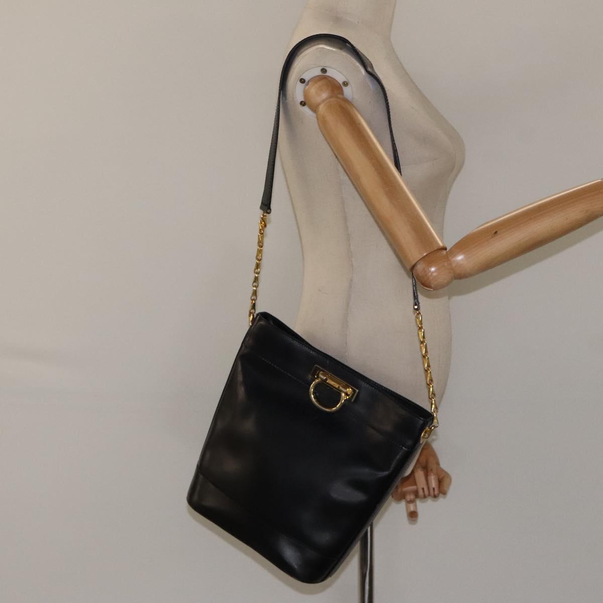 CELINE Shoulder Bag Leather Black Gold Auth 116371