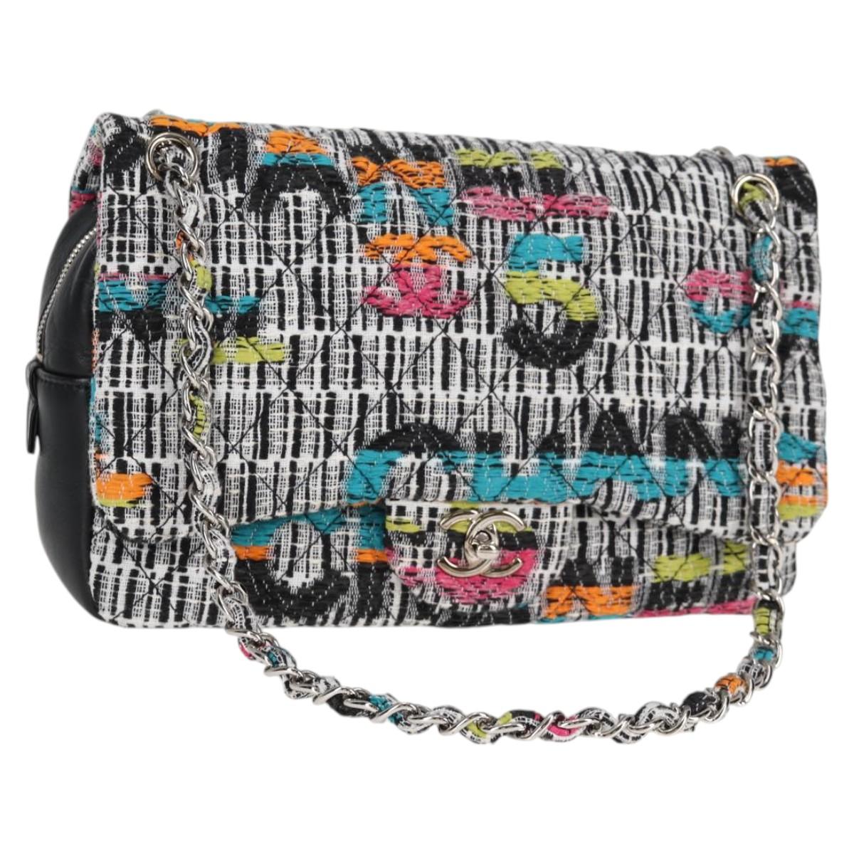 CHANEL Matelasse Chain Shoulder Bag Tweed Leather White Silver CC Auth 116419SM