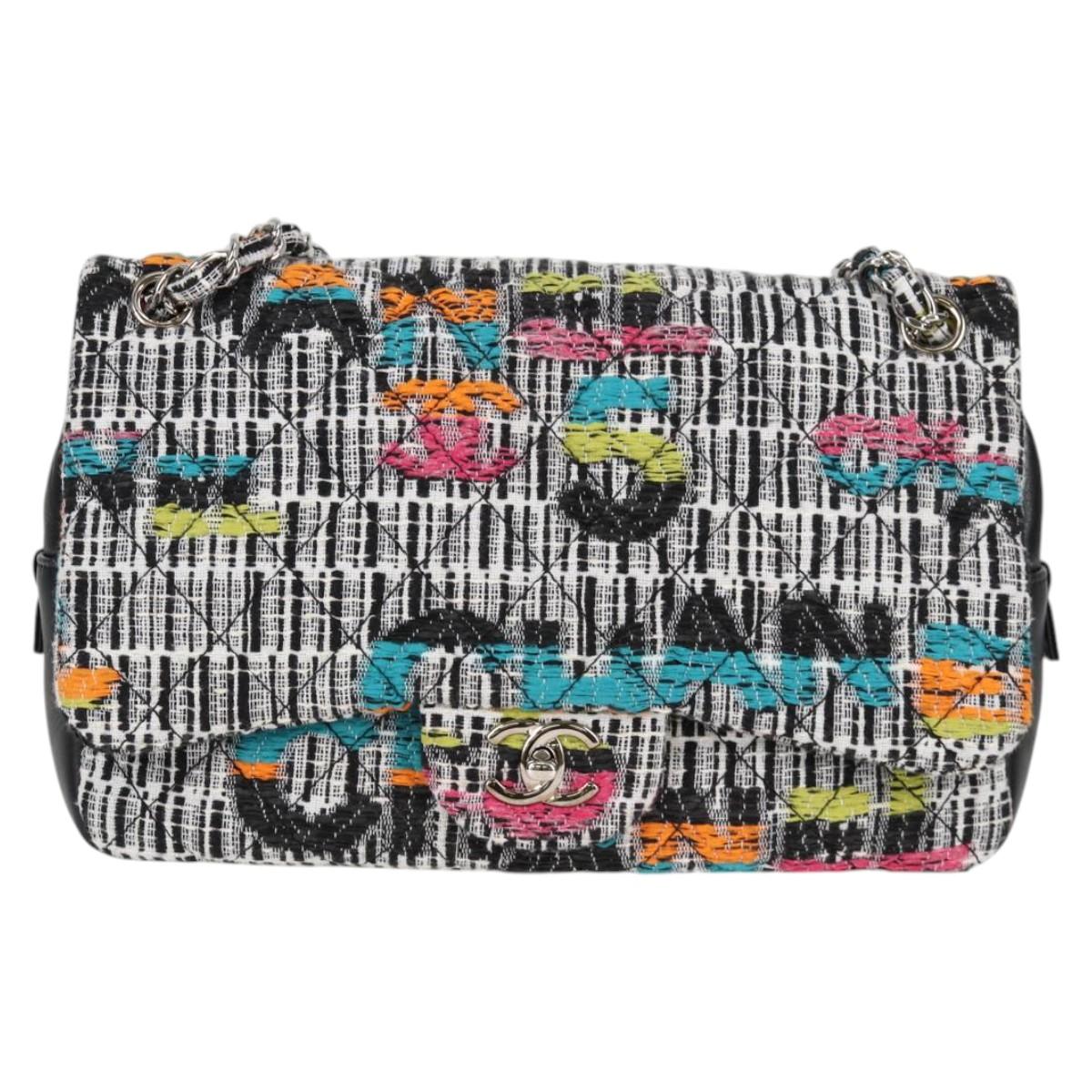 CHANEL Matelasse Chain Shoulder Bag Tweed Leather White Silver CC Auth 116419SM