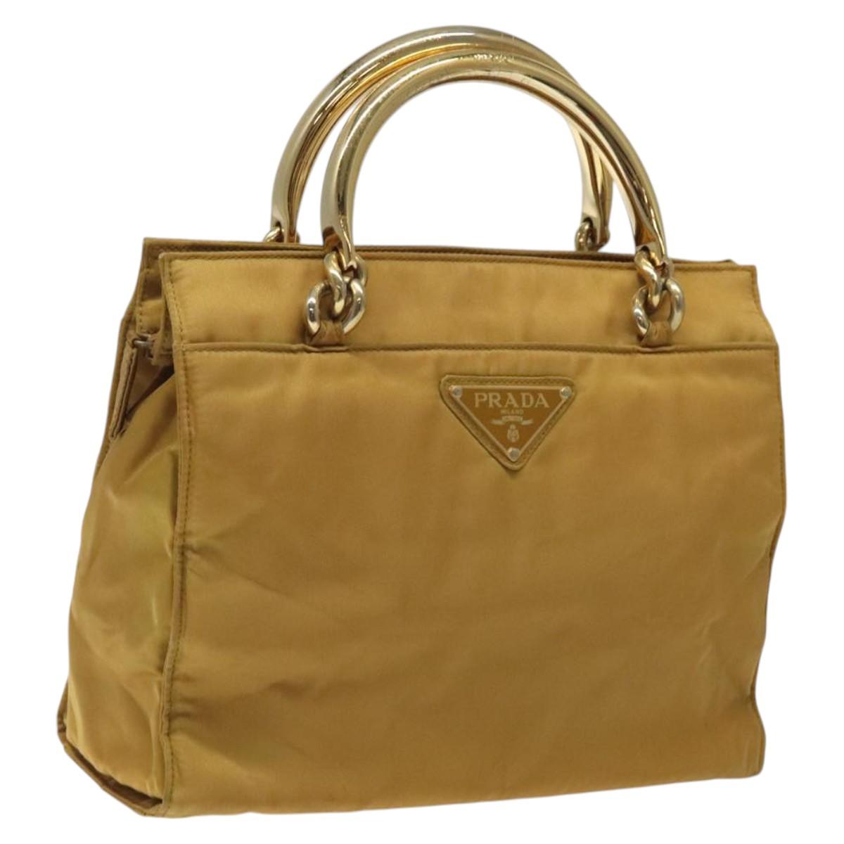 PRADA Hand Bag Nylon Metal Yellow Gold Auth 116493