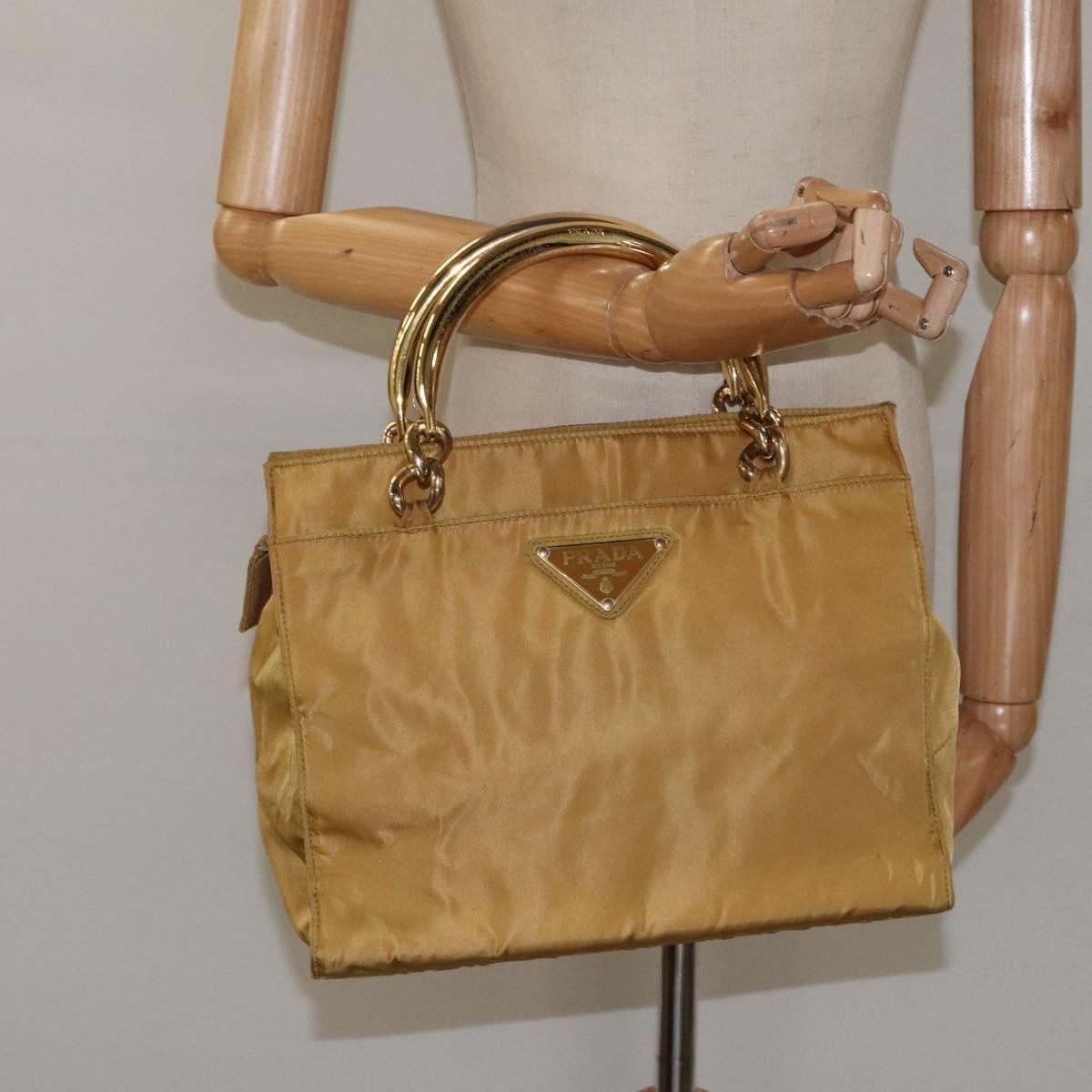 PRADA Hand Bag Nylon Metal Yellow Gold Auth 116493
