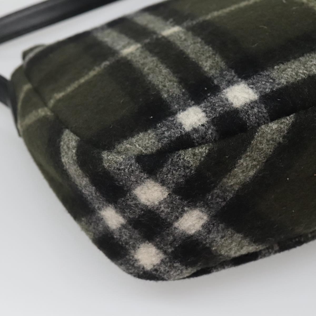 Burberrys Nova Check Blue Label Shoulder Bag Wool Khaki Silver Auth 116541