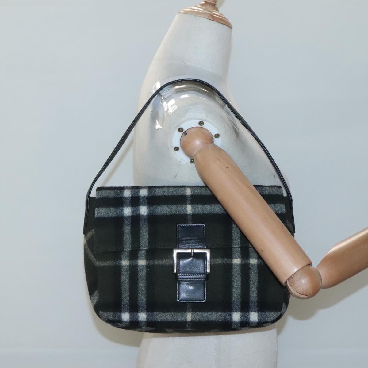 Burberrys Nova Check Blue Label Shoulder Bag Wool Khaki Silver Auth 116541