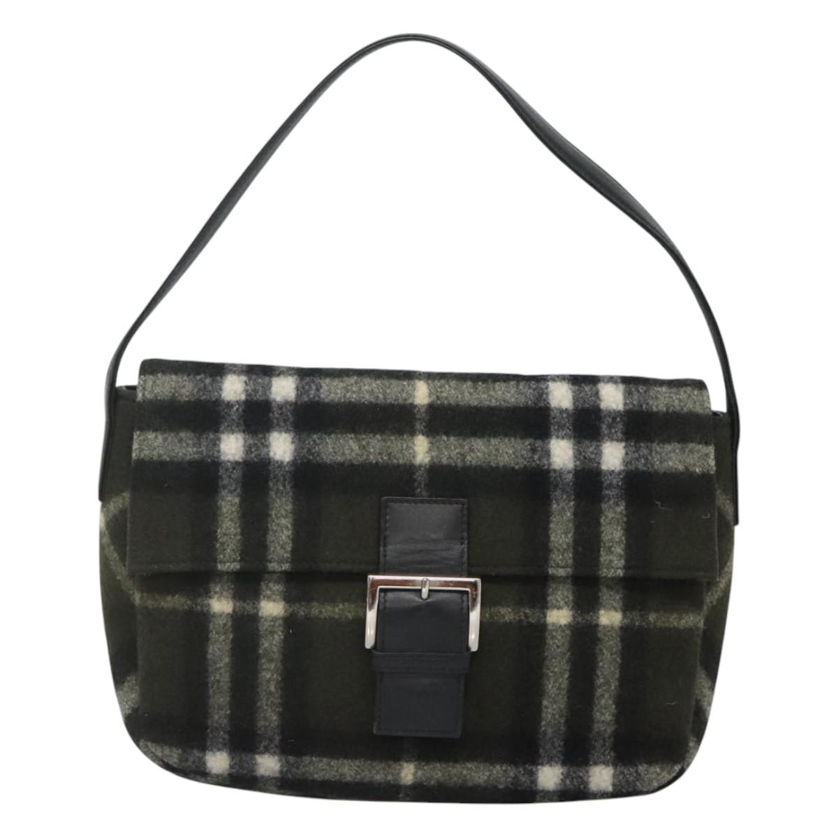 Burberrys Nova Check Blue Label Shoulder Bag Wool Khaki Silver Auth 116541