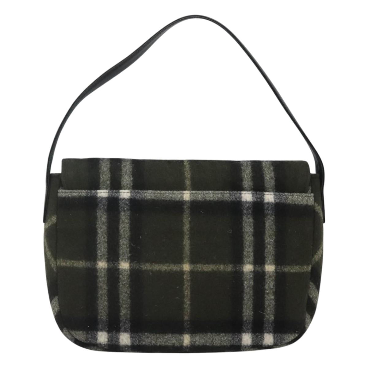 Burberrys Nova Check Blue Label Shoulder Bag Wool Khaki Silver Auth 116541