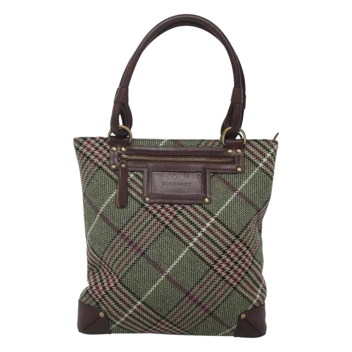 BURBERRY Nova Check Tote Bag Wool Green Gold Auth 116544