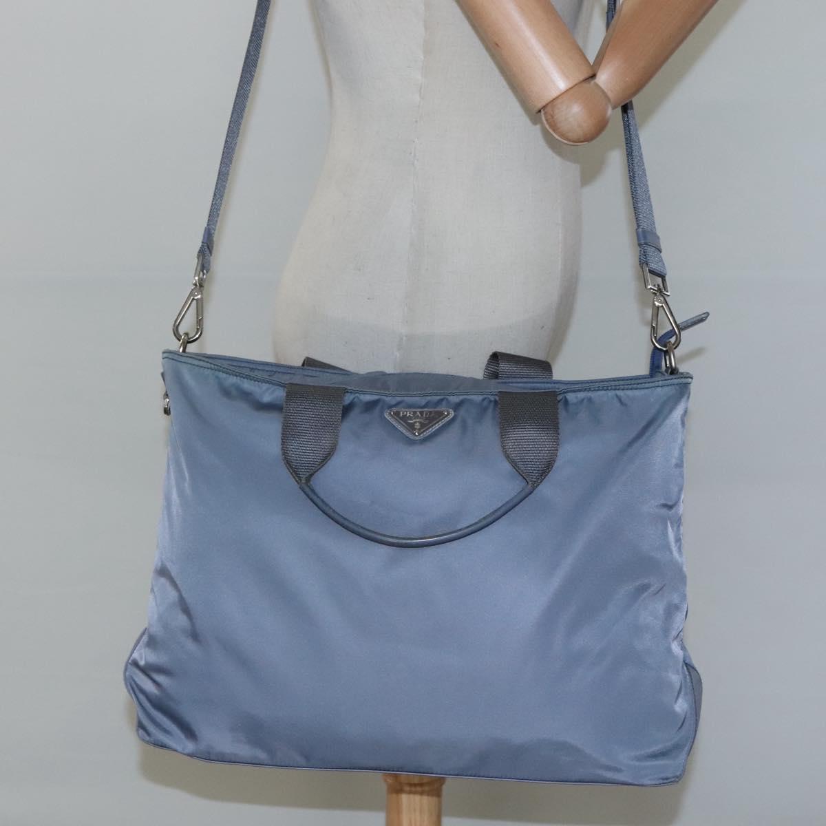 PRADA Tote Bag Nylon 2way Blue Silver Auth 116601
