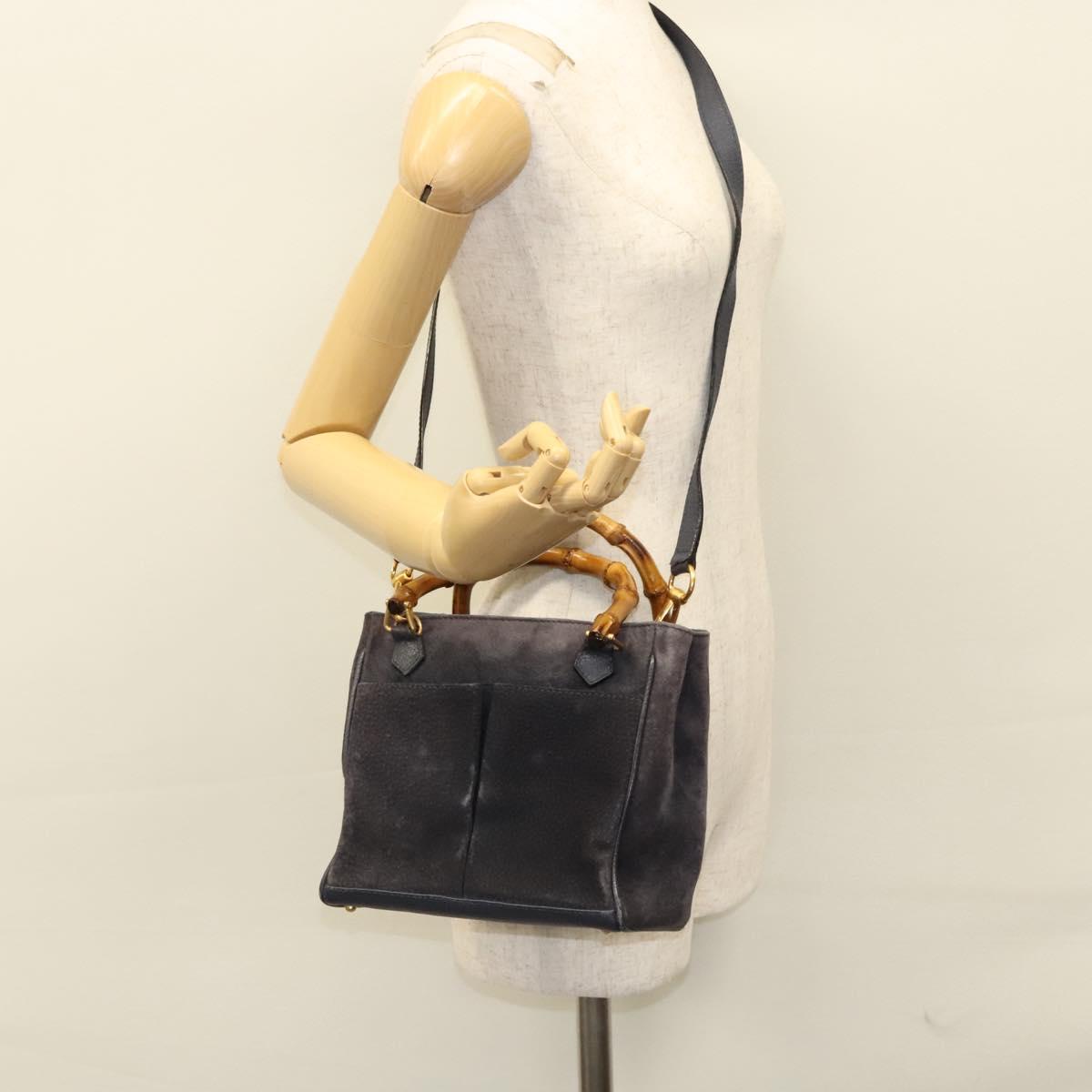GUCCI Bamboo Hand Bag Suede 2way Navy Gold 000 123 0316 Auth 116684