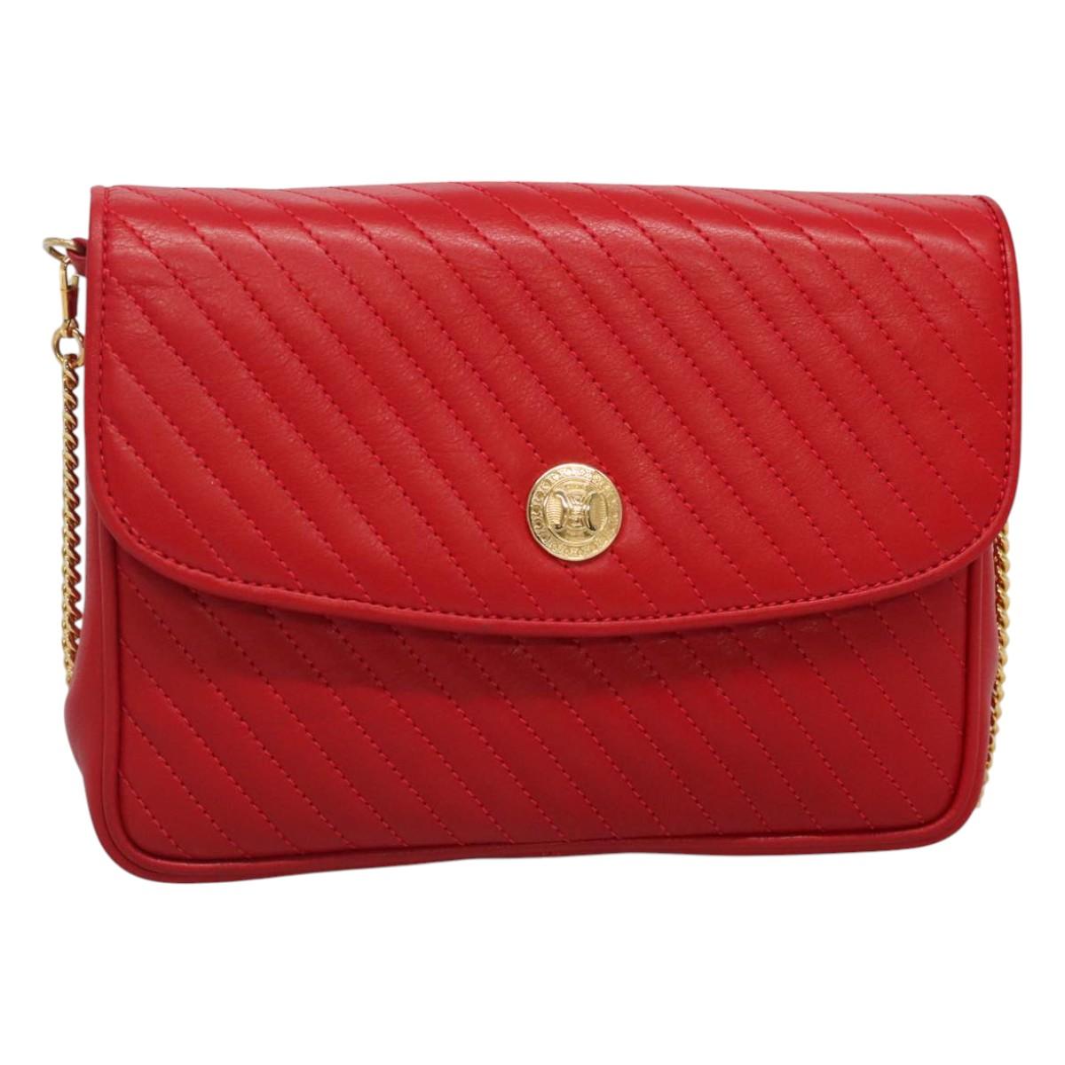 CELINE Chain Shoulder Bag Leather Red Gold Auth 116706V