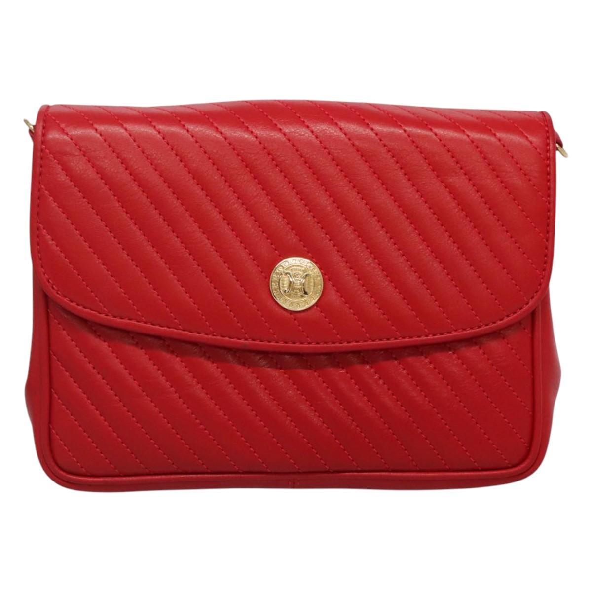 CELINE Chain Shoulder Bag Leather Red Gold Auth 116706V