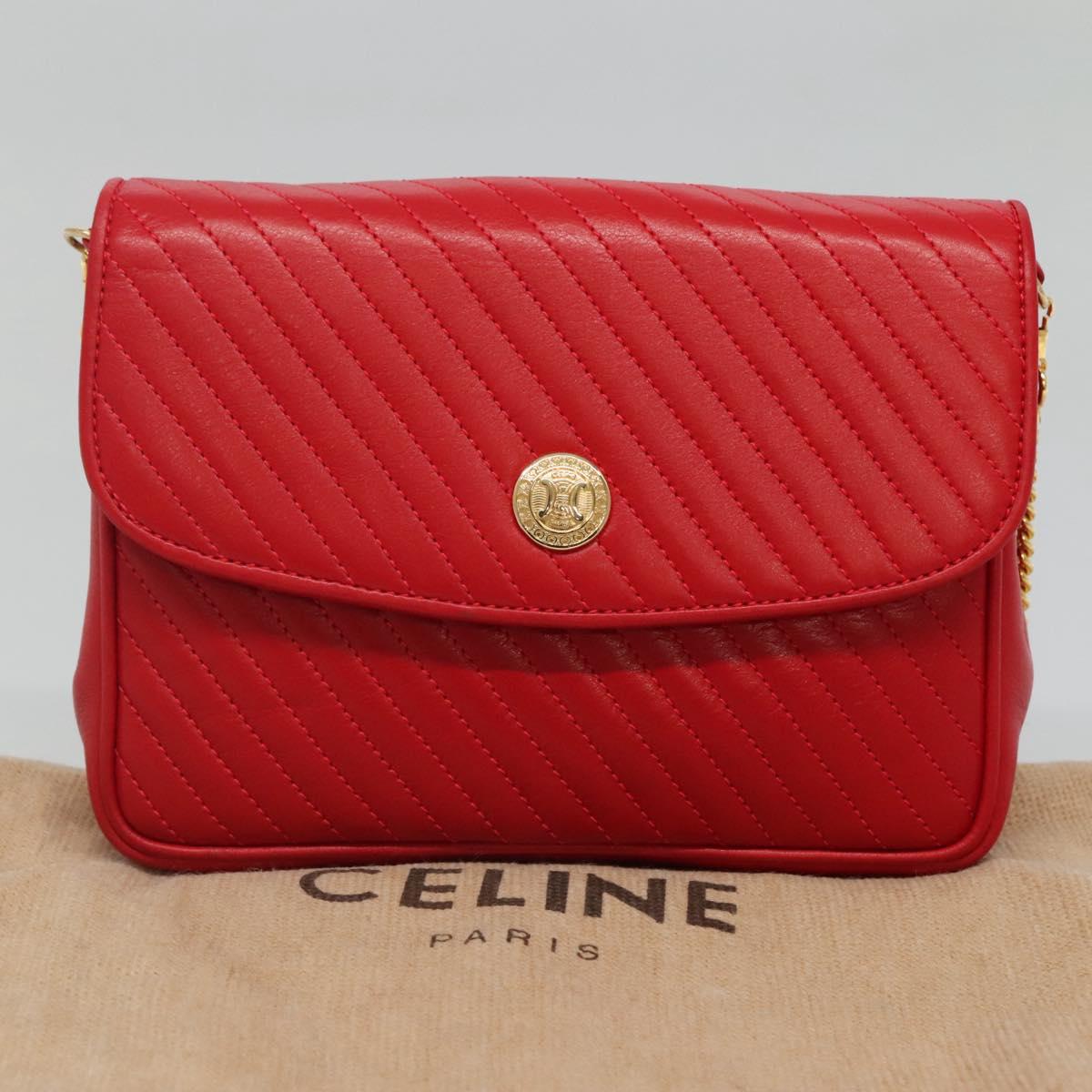 CELINE Chain Shoulder Bag Leather Red Gold Auth 116706V