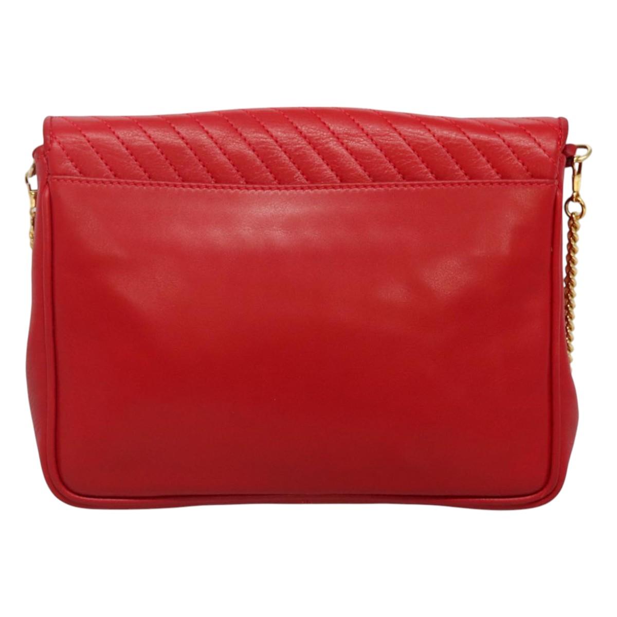 CELINE Chain Shoulder Bag Leather Red Gold Auth 116706V