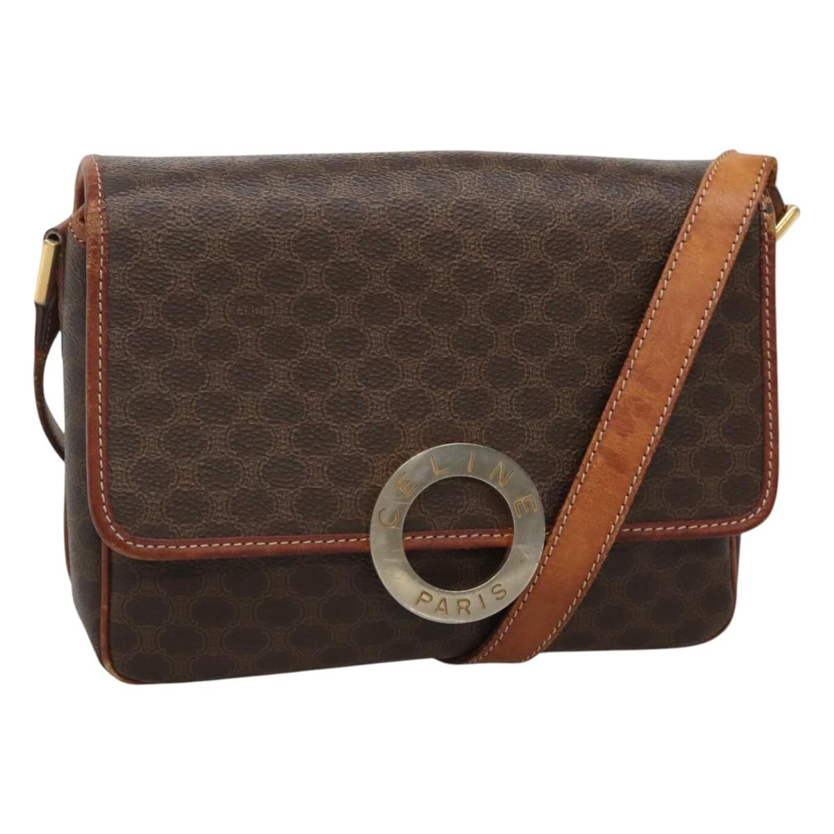 CELINE Macadam Canvas Shoulder Bag PVC Leather Brown Gold Auth 116805