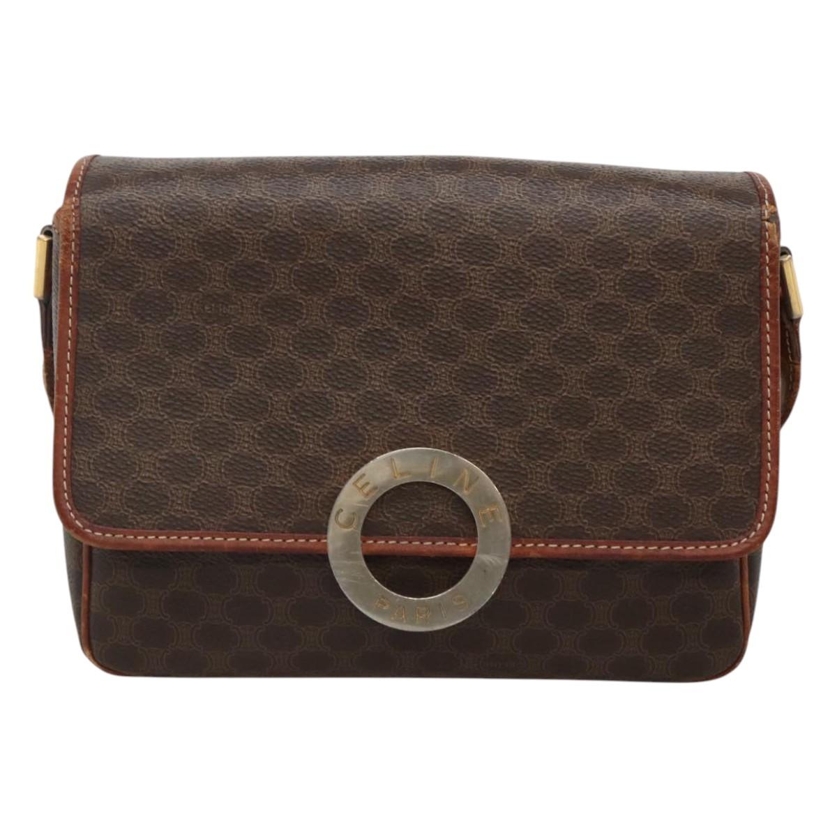 CELINE Macadam Canvas Shoulder Bag PVC Leather Brown Gold Auth 116805