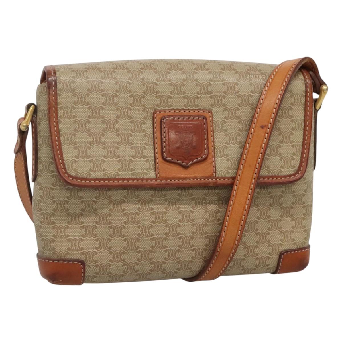 CELINE Macadam Canvas Shoulder Bag Beige Gold Auth 116806