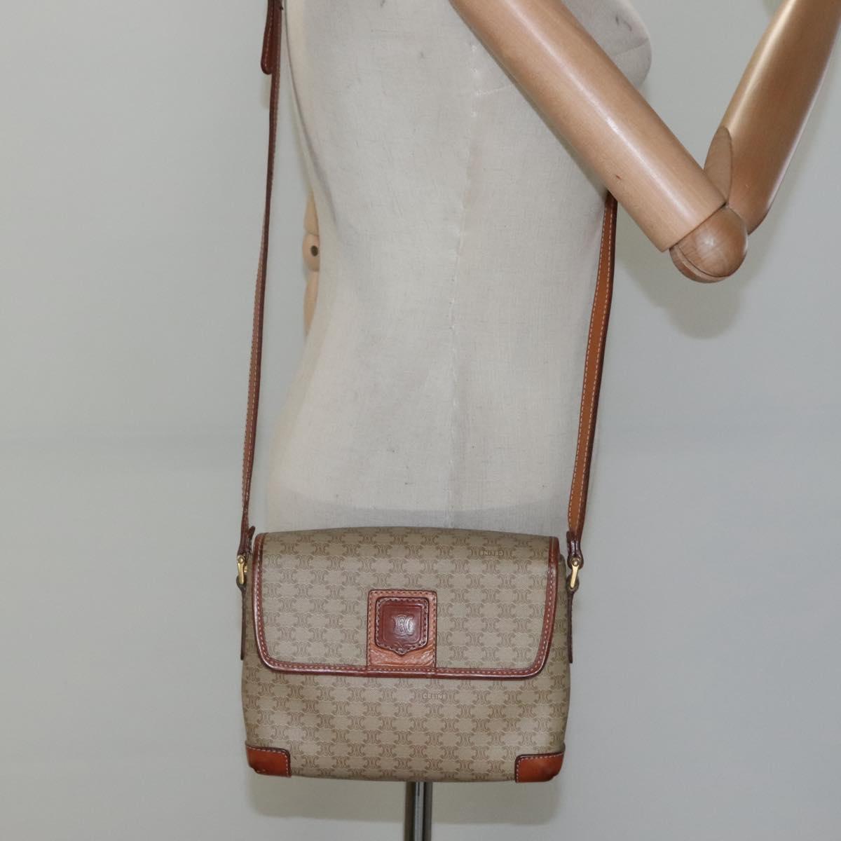 CELINE Macadam Canvas Shoulder Bag Beige Gold Auth 116806