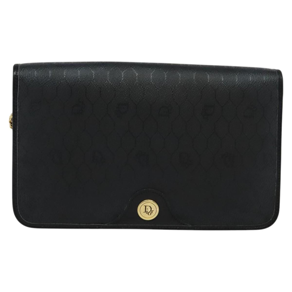Christian Dior Honeycomb Canvas Chain Shoulder Bag Black Gold Auth 116807