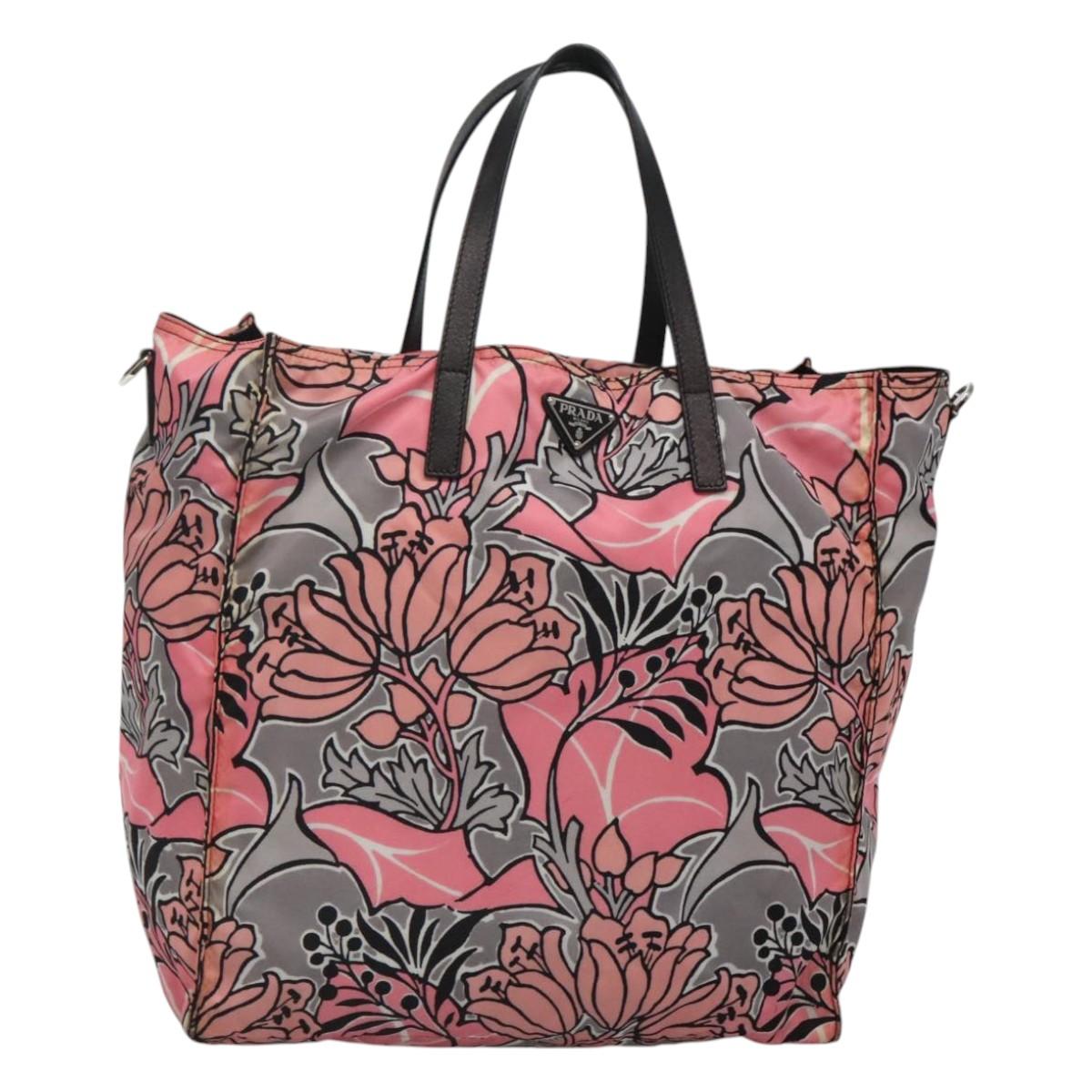 PRADA Tote Bag Nylon Pink Gray Silver Auth 116843