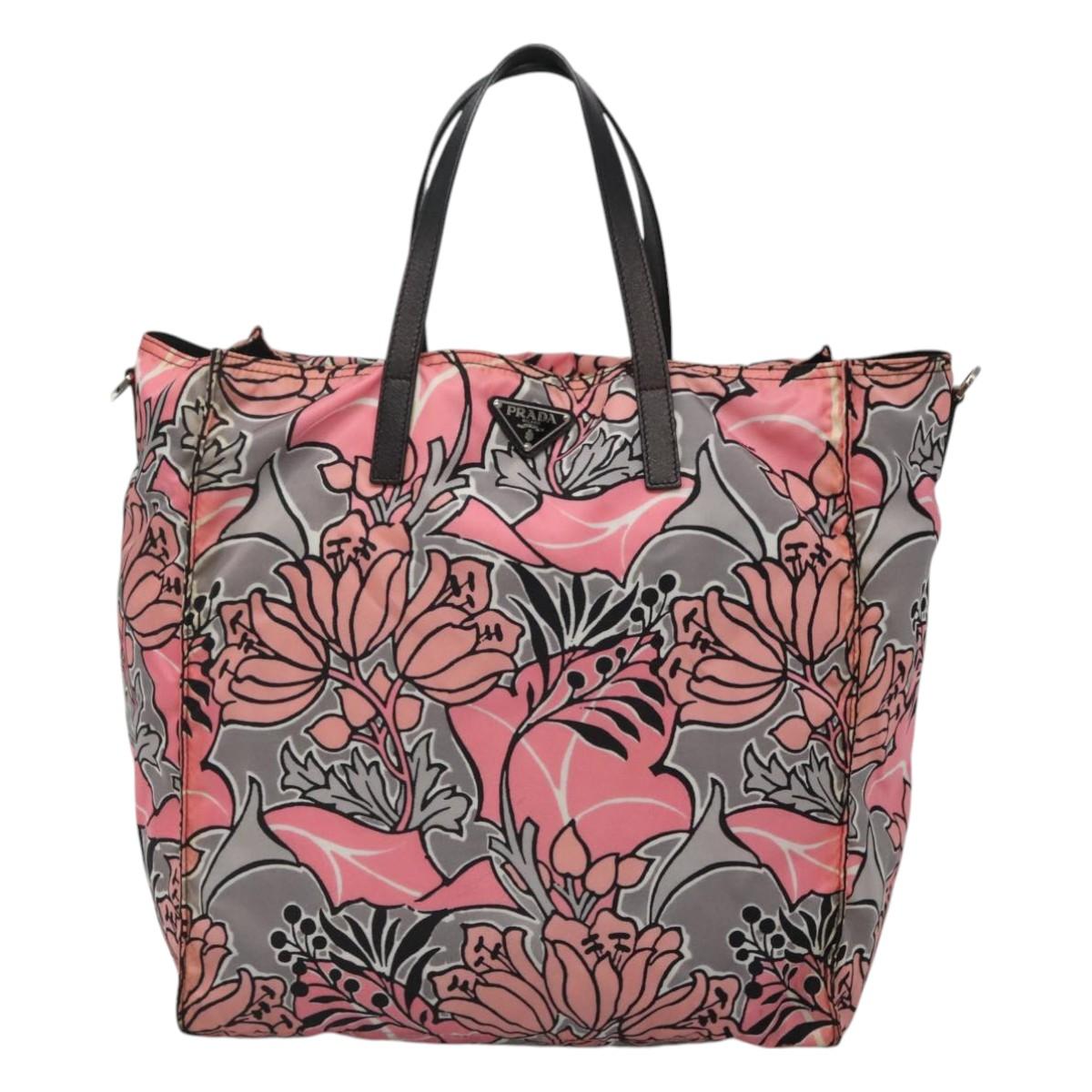 PRADA Tote Bag Nylon Pink Gray Silver Auth 116843