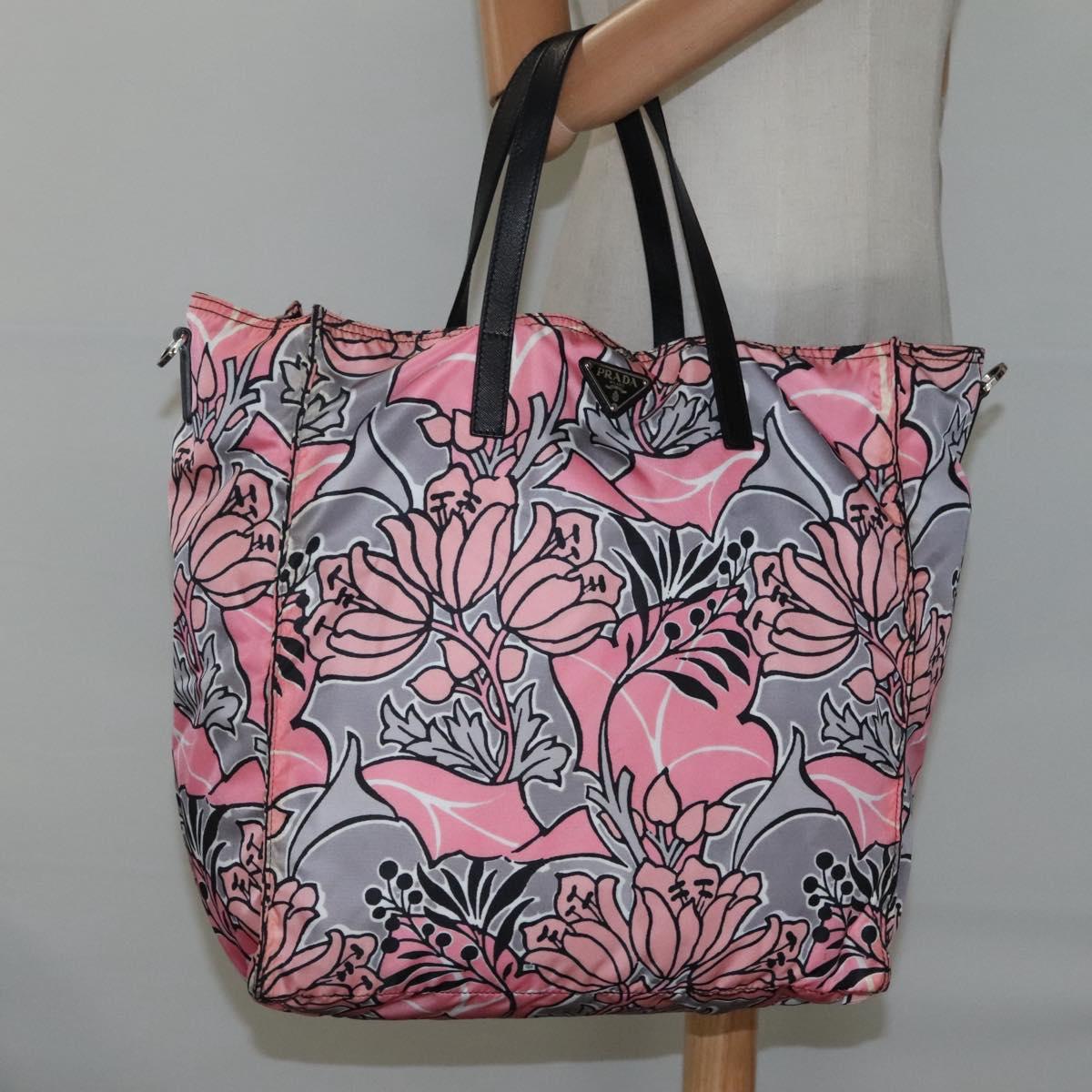PRADA Tote Bag Nylon Pink Gray Silver Auth 116843