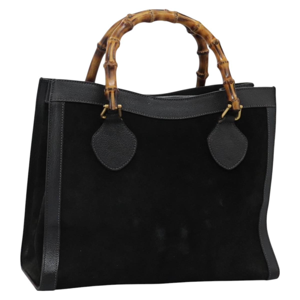 GUCCI Bamboo Hand Bag Suede Leather Black Gold 002 1095 0268 Auth 116847